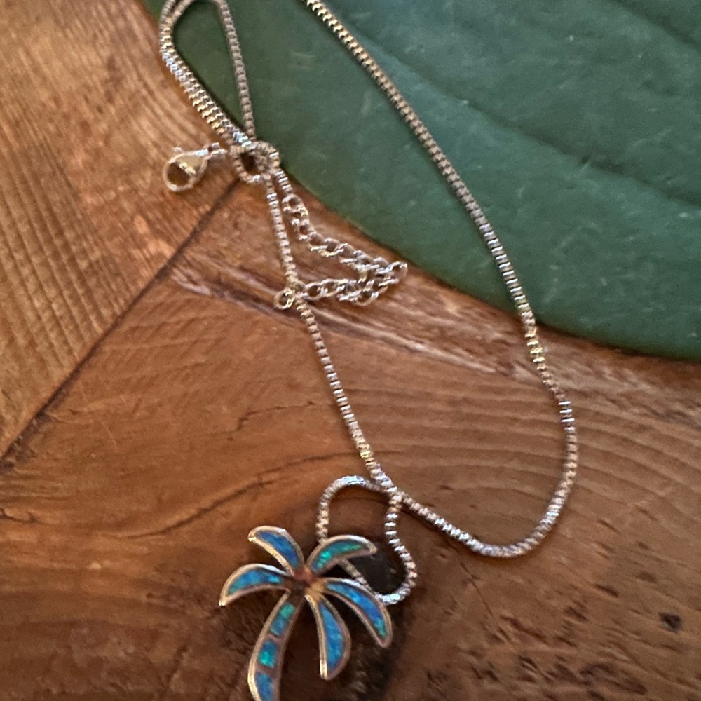 Silver Palm Tree Necklace with Blue Accents
